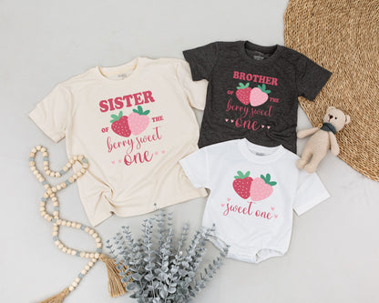 Berry Sweet First Birthday Family Shirts Mommy & Me Strawberry Matching Outfits Toddler 1st Birthday Party Celebration Cotton Tees