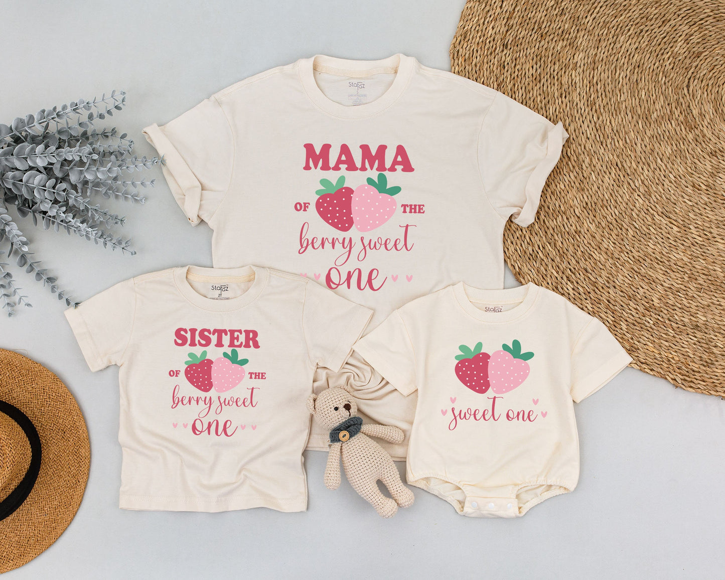 Berry Sweet First Birthday Family Shirts Mommy & Me Strawberry Matching Outfits Toddler 1st Birthday Party Celebration Cotton Tees