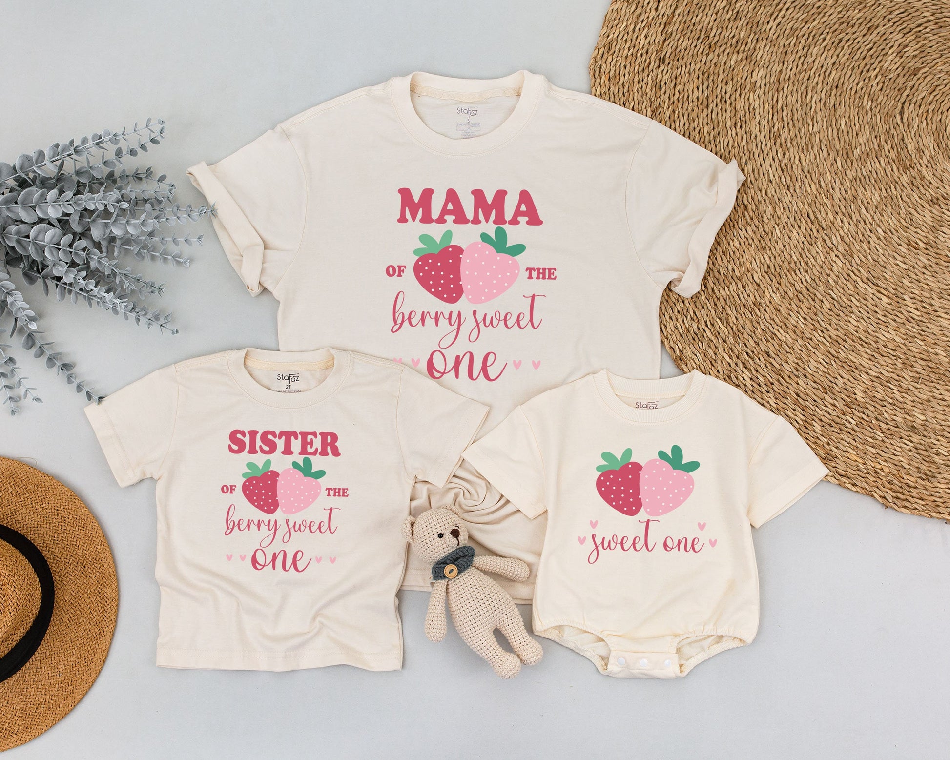 Berry Sweet First Birthday Family Shirts Mommy & Me Strawberry Matching Outfits Toddler 1st Birthday Party Celebration Cotton Tees