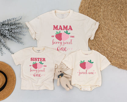 Berry Sweet First Birthday Family Shirts Mommy & Me Strawberry Matching Outfits Toddler 1st Birthday Party Celebration Cotton Tees