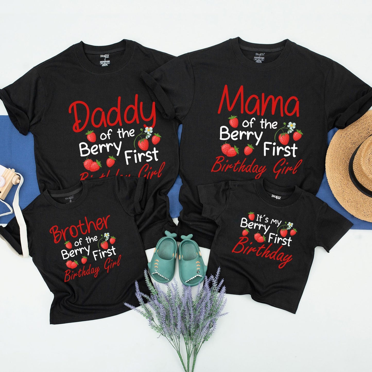 Matching Berry First Birthday Family Shirts for Sweet One Birthday Girl with Strawberry Pink Red Design for Mom Dad Grandma Grandpa
