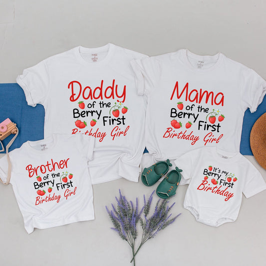 Matching Berry First Birthday Family Shirts for Sweet One Birthday Girl with Strawberry Pink Red Design for Mom Dad Grandma Grandpa
