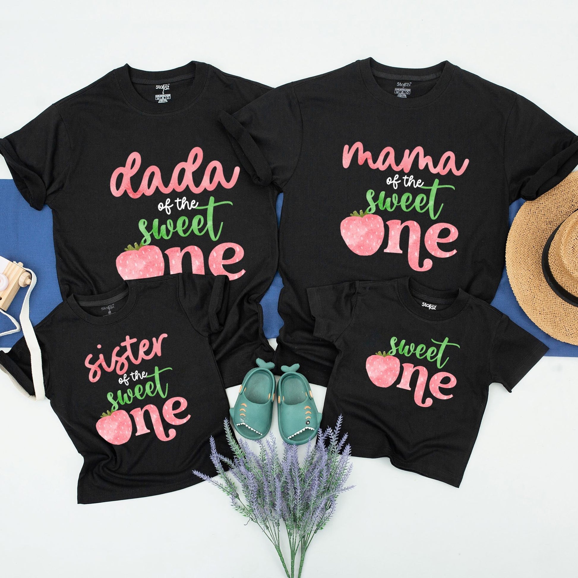 Berry First Birthday Family Matching Shirts Sweet One Strawberry Party Outfits for Baby Girl Boy Mama Daddy & Me Celebration Fun Pink Green Design