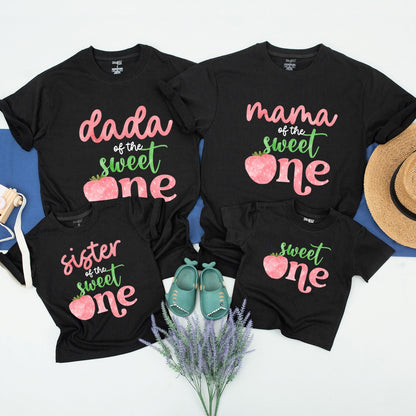 Berry First Birthday Family Matching Shirts Sweet One Strawberry Party Outfits for Baby Girl Boy Mama Daddy & Me Celebration Fun Pink Green Design