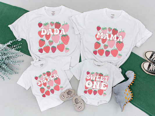 Berry First Birthday Matching Family Shirts "Sweet One" Strawberry Party Outfit Mama Daddy Sister