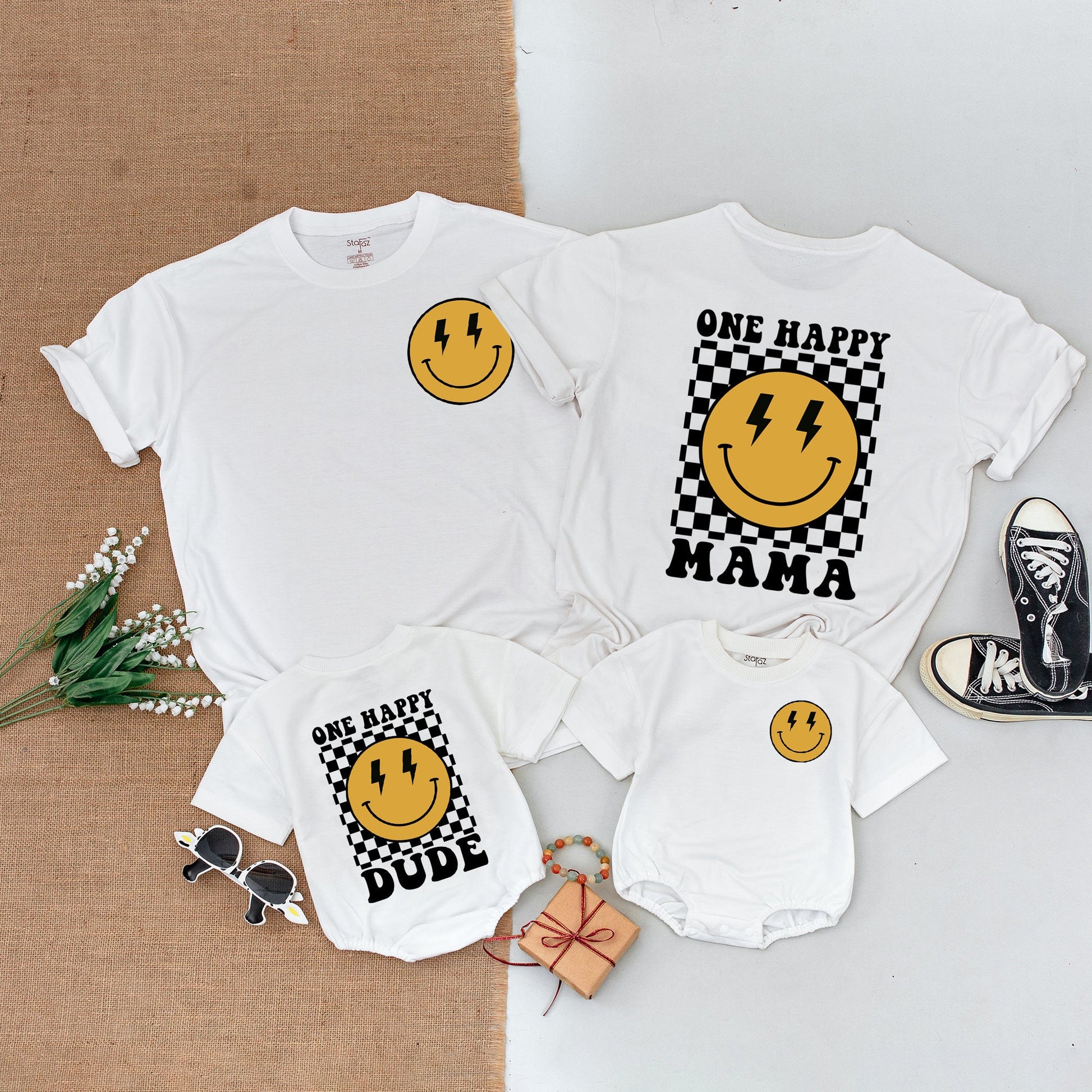 One Happy Dude Birthday Shirt Smiley Face Outfit Baby Boy First Birthday Family Matching Mommy and Me Cotton Casual Party Celebration Clothes