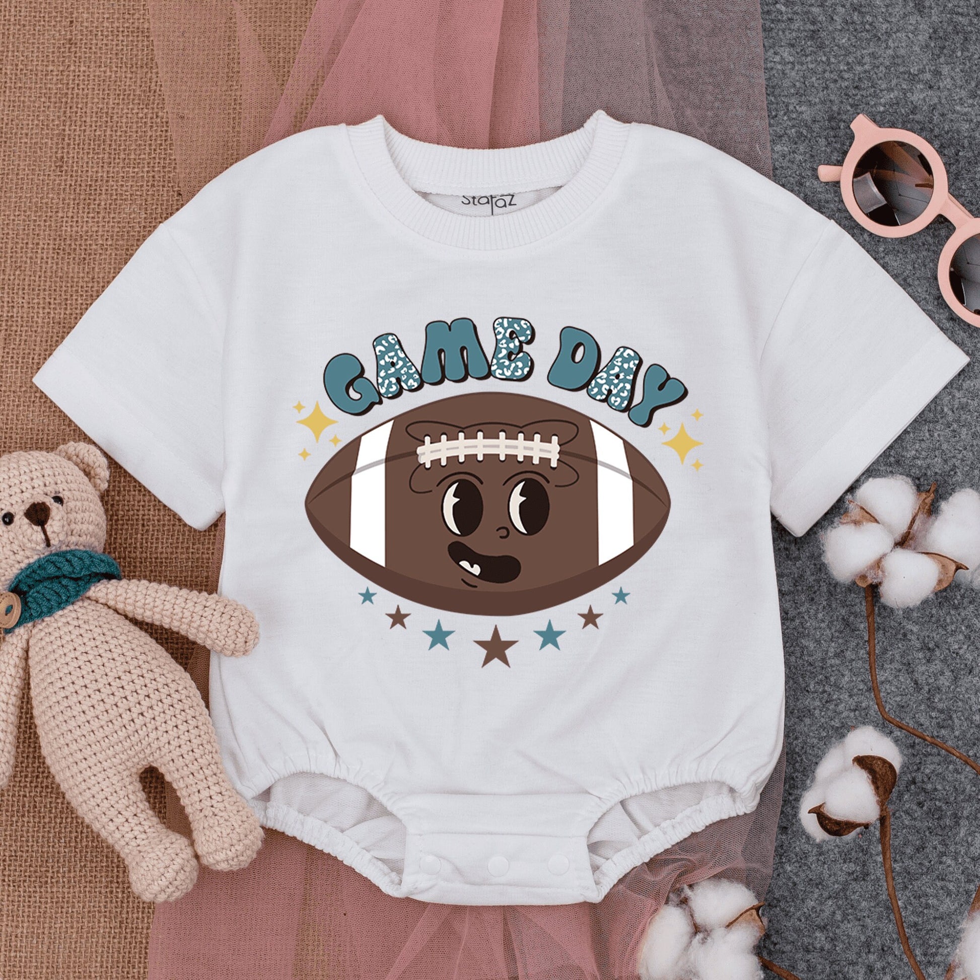 Retro Game Day Baby Romper: Leopard Print Football Fun! Short Sleeve Bodysuit for Little Fans,  Perfect Football Season Outfit, Gender Neutral Gift