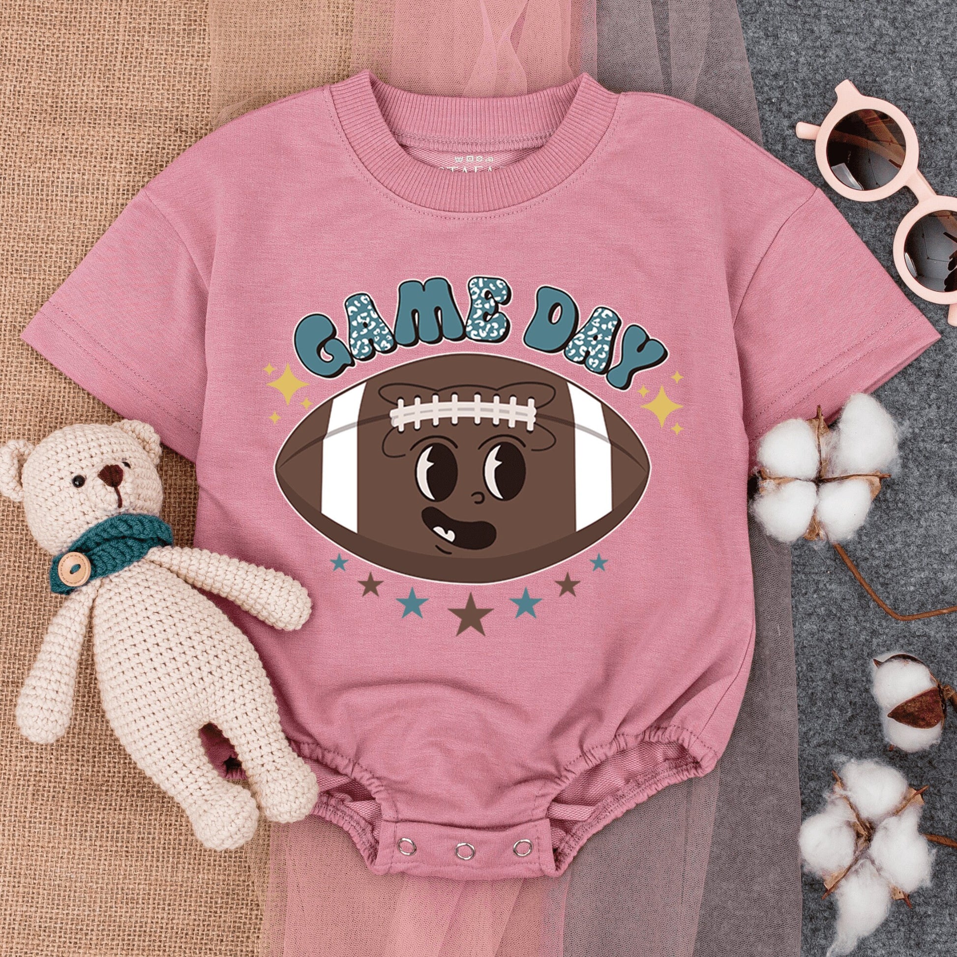 Retro Game Day Baby Romper: Leopard Print Football Fun! Short Sleeve Bodysuit for Little Fans,  Perfect Football Season Outfit, Gender Neutral Gift