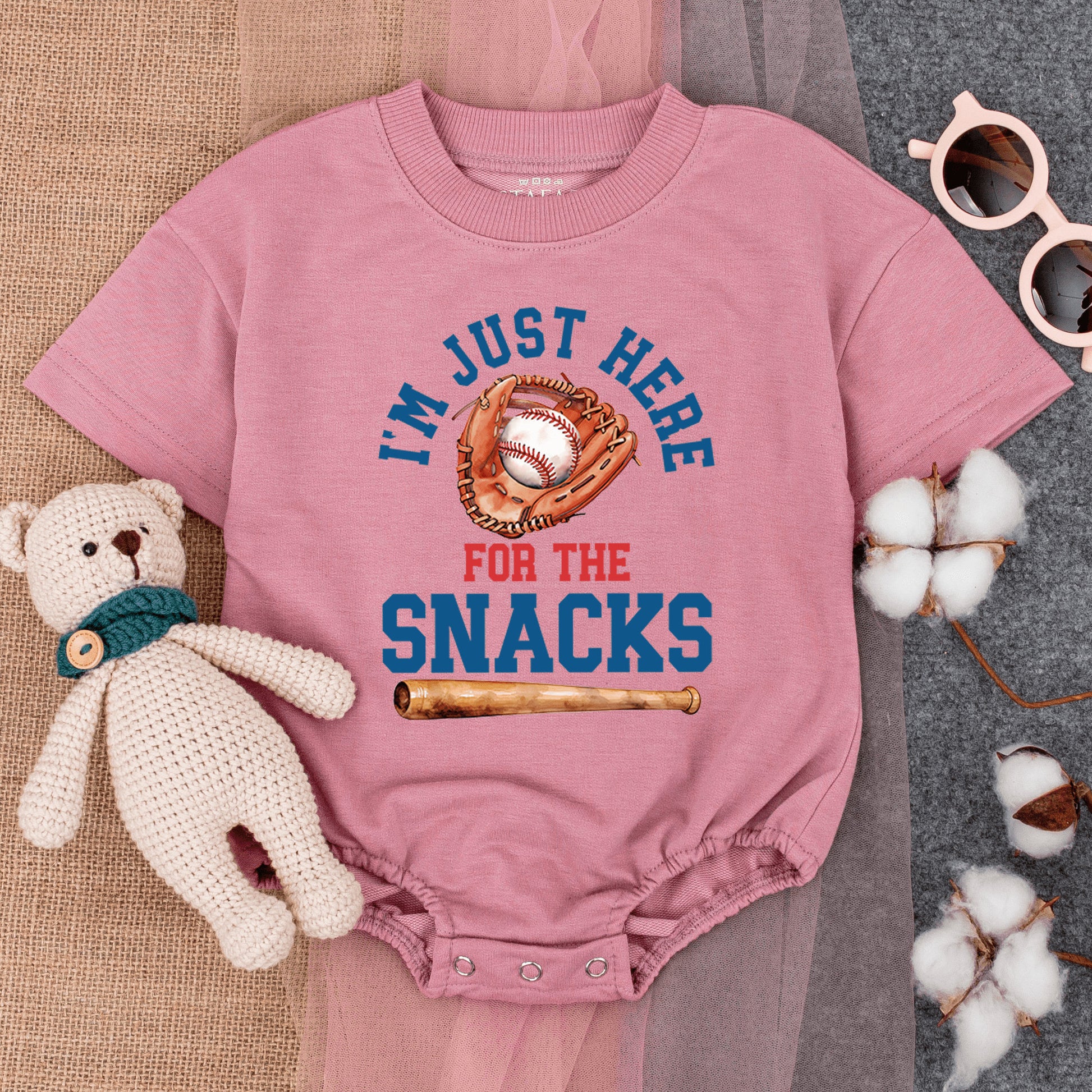 I'm Just Here For The Snacks Bubble Romper Baby Toddler Baseball Game Outfit Short Sleeve Cute Comfort Cotton Summer Playwear