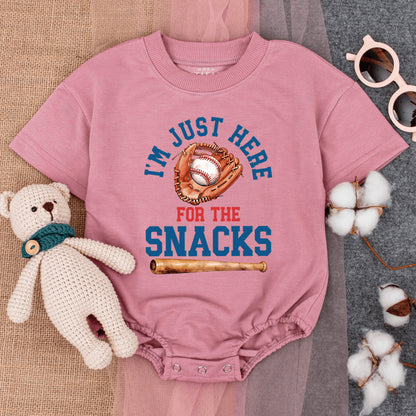 I'm Just Here For The Snacks Bubble Romper Baby Toddler Baseball Game Outfit Short Sleeve Cute Comfort Cotton Summer Playwear