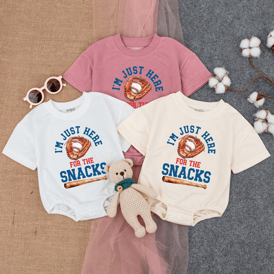 I'm Just Here For The Snacks Bubble Romper Baby Toddler Baseball Game Outfit Short Sleeve Cute Comfort Cotton Summer Playwear