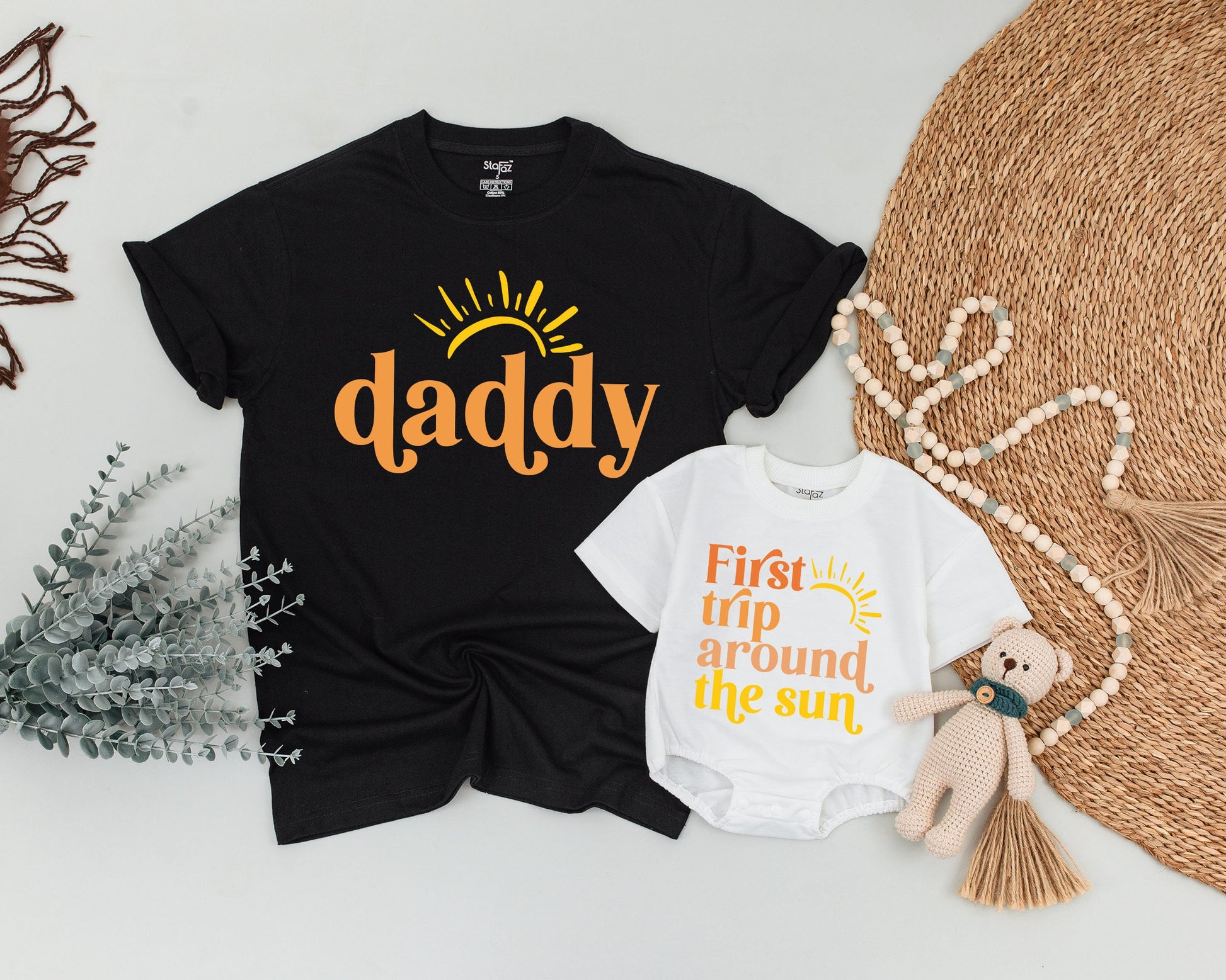 First Trip Around The Sun Birthday Outfit for Baby Boy Girl, Boho Sunshine Mommy and Me Shirts for First Birthday Party Celebration