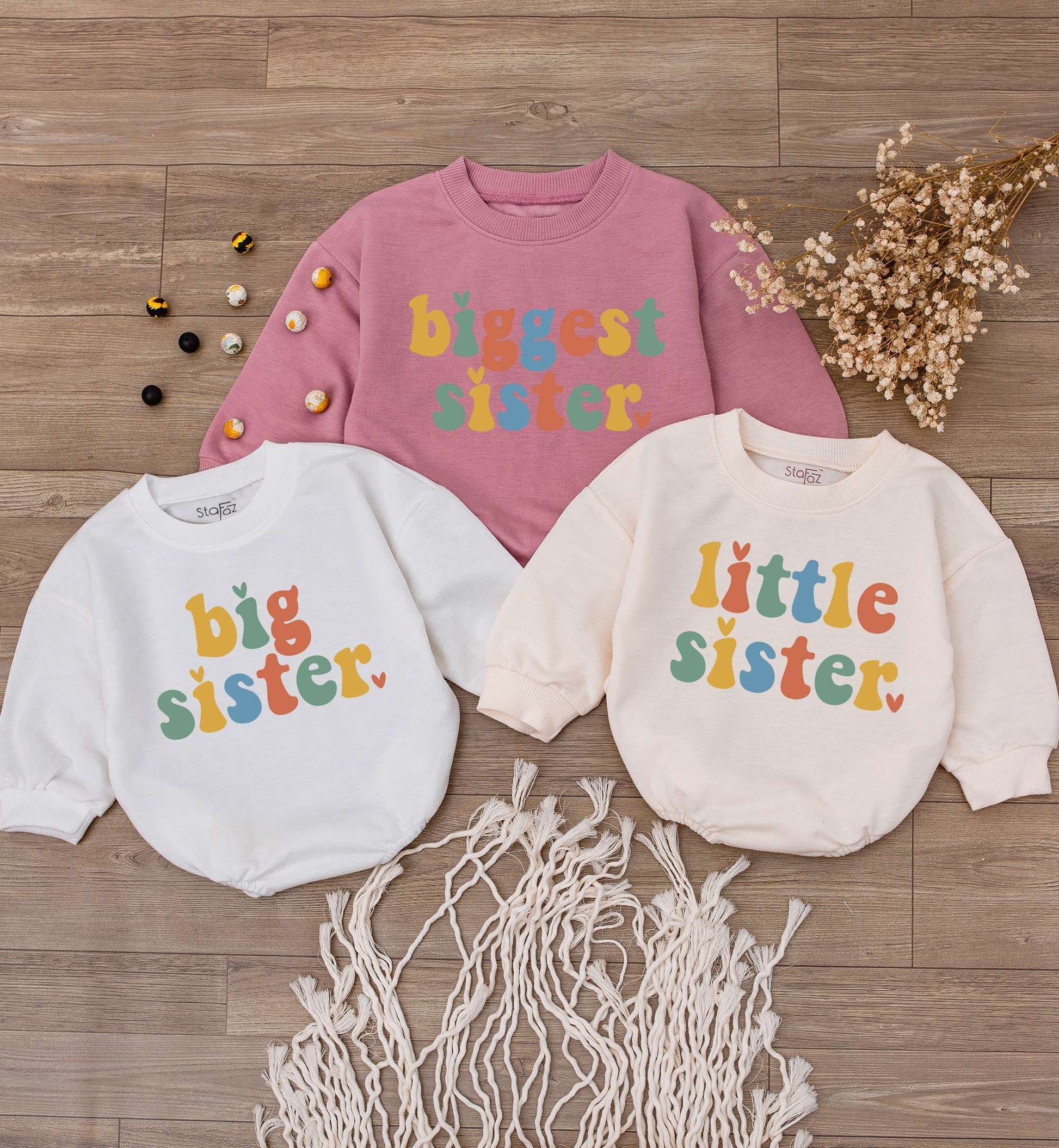 Matching Big Sister Little Sister Romper Bodysuit Set for Baby Girl, Multi-Color Retro Heart Design Baby Announcement Gift First Mothers Day