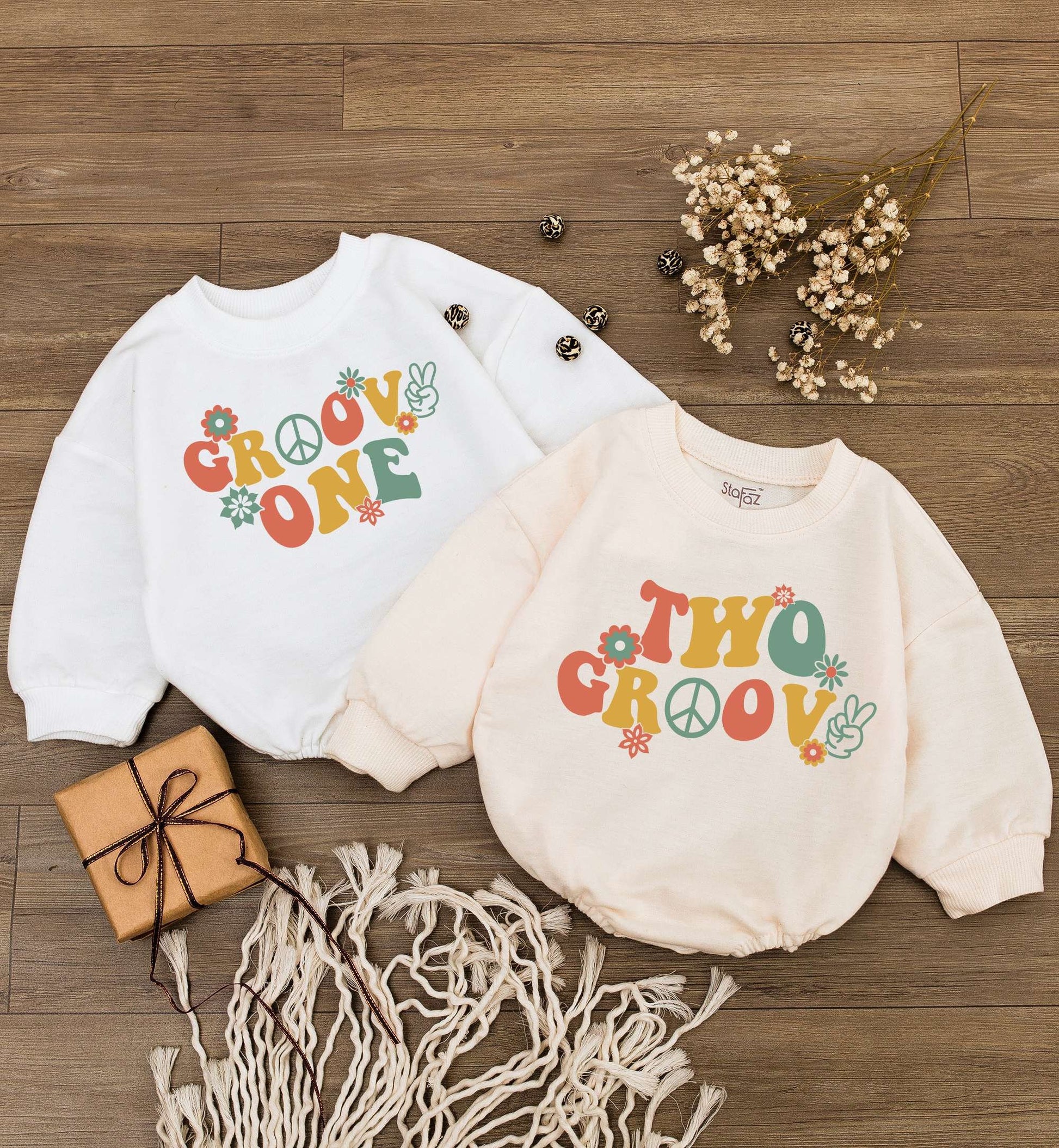 Groovy One Two Birthday Baby Bodysuit Toddler Tee 70s Retro Kids Outfit First Fifth Party Gift Orange Yellow Green Floral Peace Sign