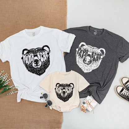 Personalized Family Bear Matching Shirts featuring Distressed Sunglass Bear High Contrast Monochrome Design Mama Papa Baby Bear Camping
