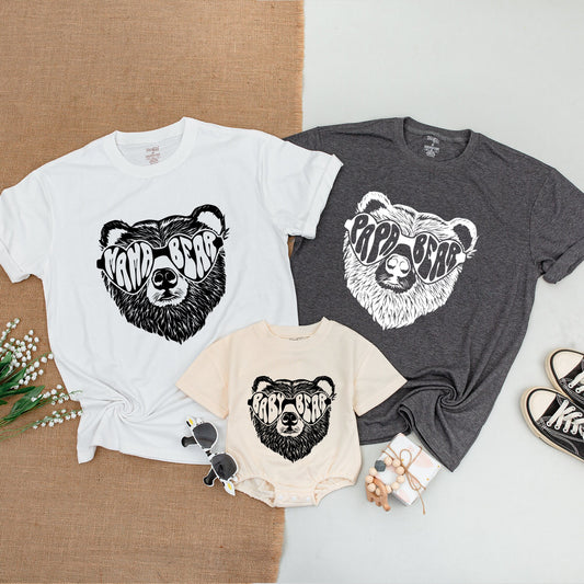 Personalized Family Bear Matching Shirts featuring Distressed Sunglass Bear High Contrast Monochrome Design Mama Papa Baby Bear Camping