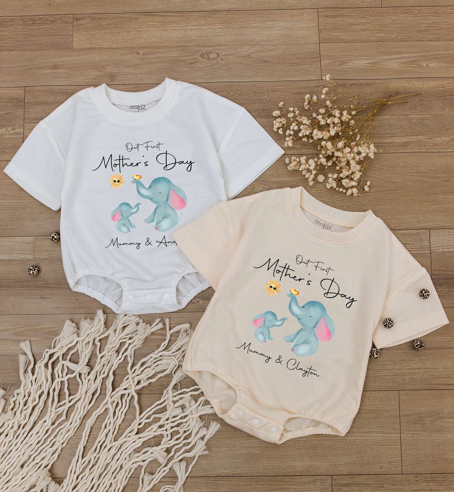 Personalized 1st Mother's Day Baby Bodysuit, Custom Elephant Romper