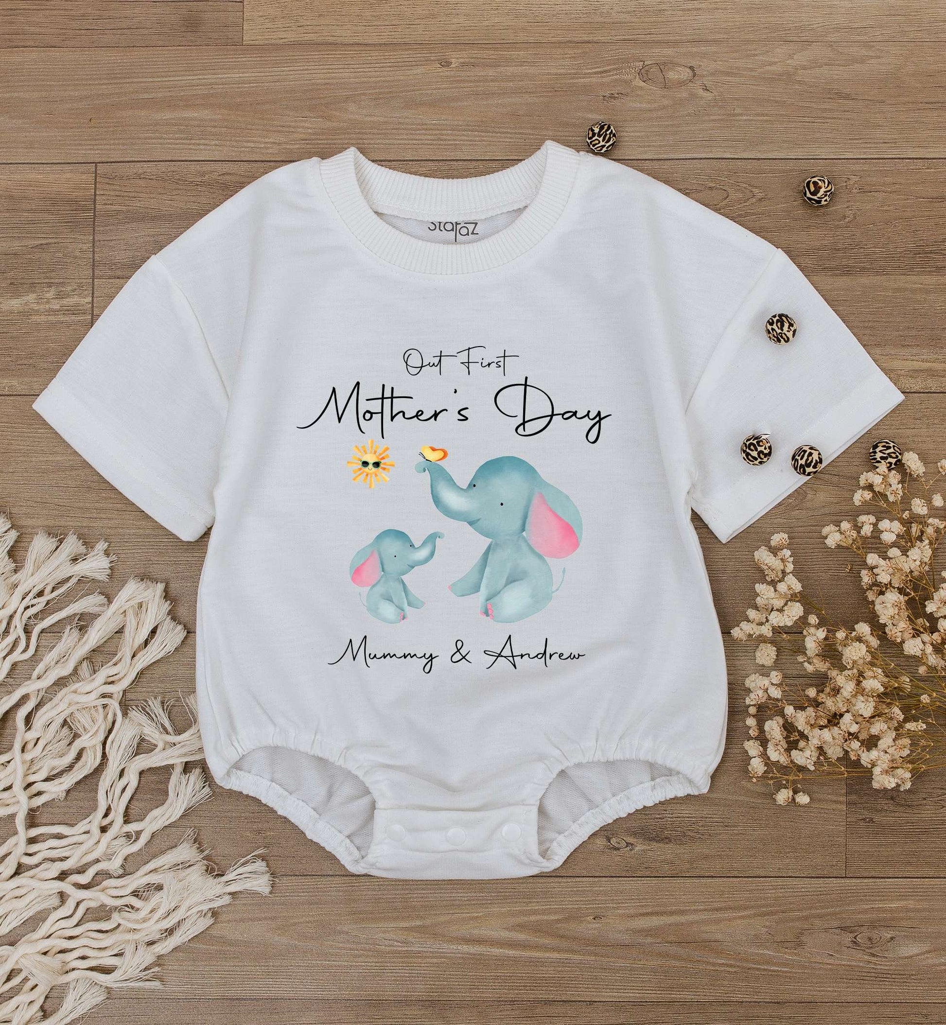 Personalized 1st Mother's Day Baby Bodysuit, Custom Elephant Romper