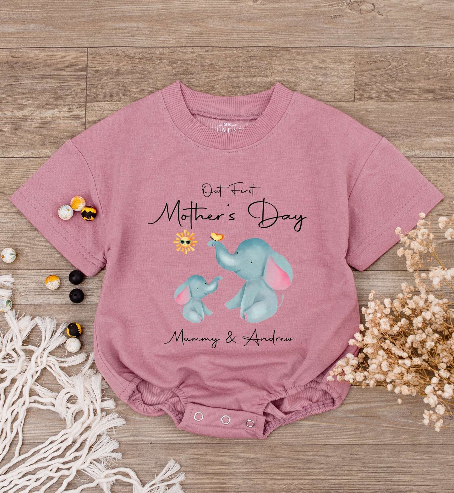 Personalized 1st Mother's Day Baby Bodysuit, Custom Elephant Romper