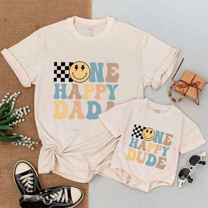 One Happy Dude 1st Birthday Shirt Retro Smiley Face Mama Matching Outfit Baby Bodysuit