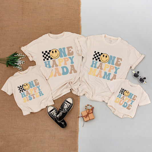 One Happy Dude 1st Birthday Shirt Retro Smiley Face Mama Matching Outfit Baby Bodysuit