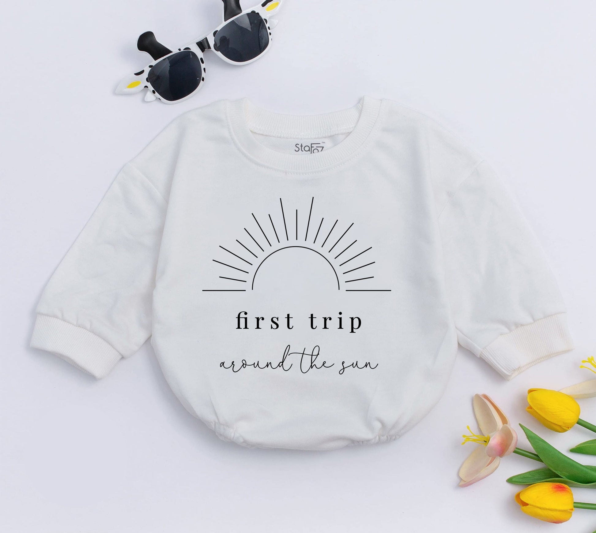 First Trip Around The Sun Baby Romper - Cute Sun Graphic Design First Birthday Outfit, Adventure Baby Girl/Boy, Smash Cake Photoshoot Gift