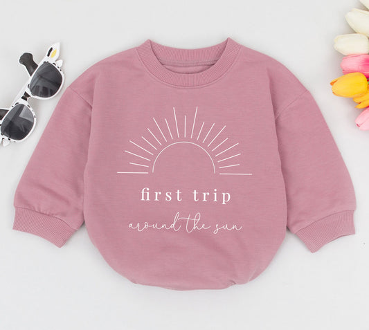 First Trip Around The Sun Baby Romper - Cute Sun Graphic Design First Birthday Outfit, Adventure Baby Girl/Boy, Smash Cake Photoshoot Gift