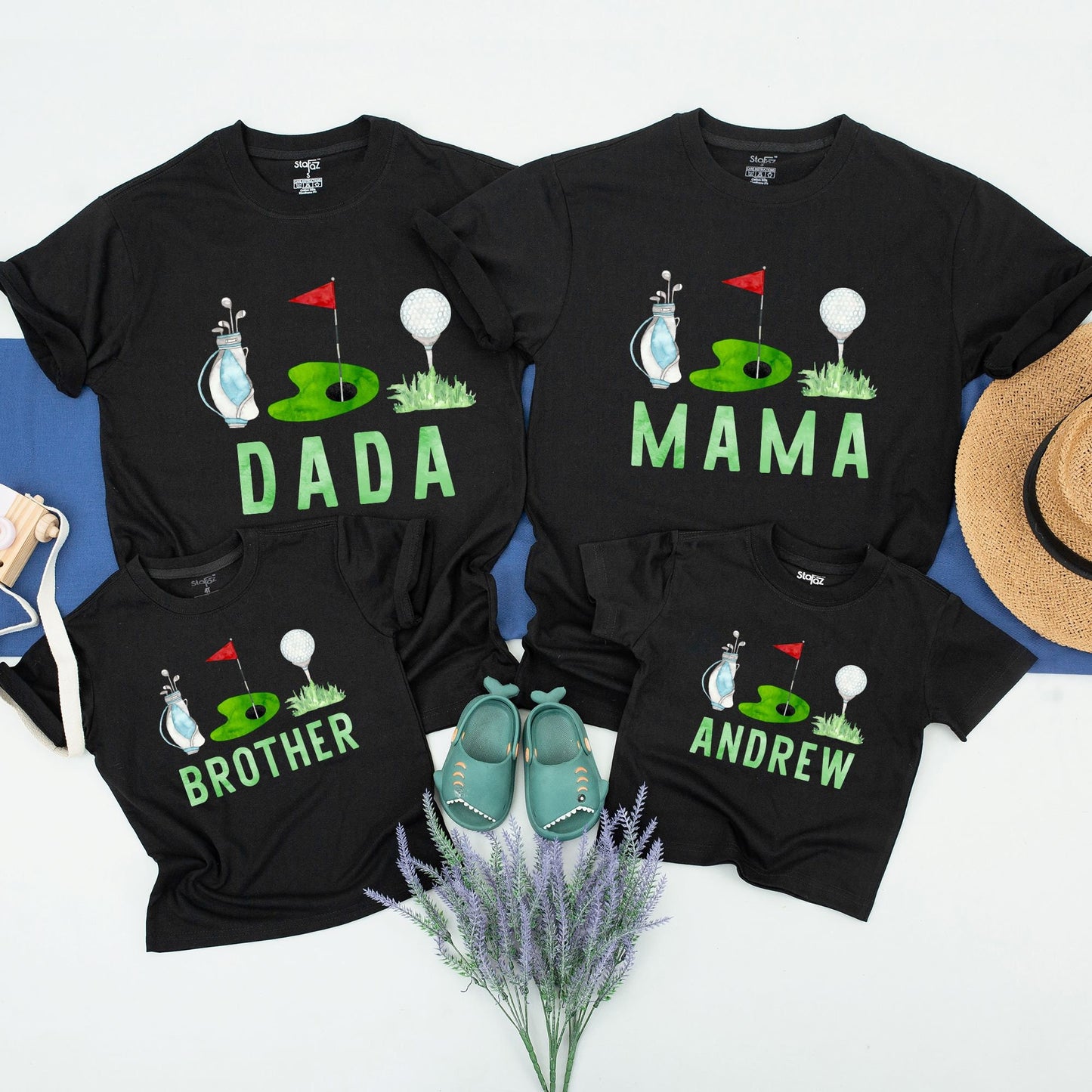 Whimsical Golf Birthday Family Matching Shirts featuring Cartoon Golf Course Green Flag & Ball Design for Mom Dad Brother Baby Cotton Comfort