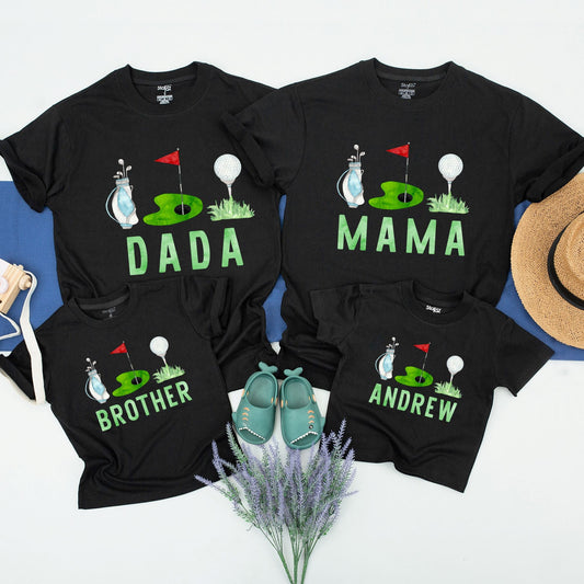 Whimsical Golf Birthday Family Matching Shirts featuring Cartoon Golf Course Green Flag & Ball Design for Mom Dad Brother Baby Cotton Comfort