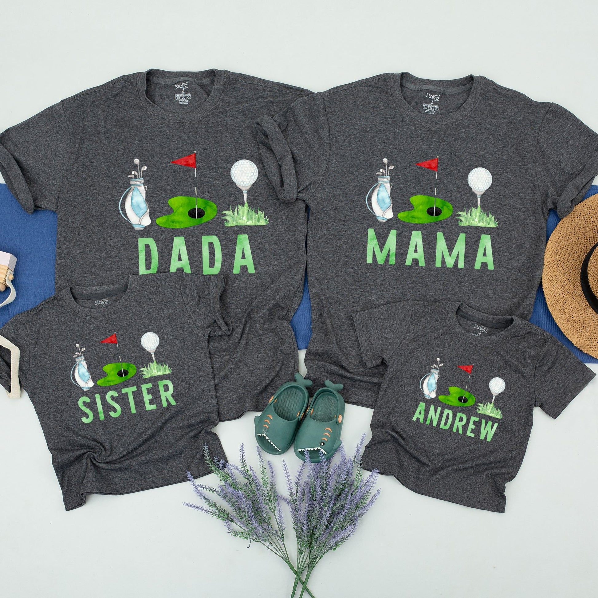 Whimsical Golf Birthday Family Matching Shirts featuring Cartoon Golf Course Green Flag & Ball Design for Mom Dad Brother Baby Cotton Comfort