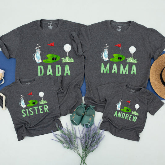 Whimsical Golf Birthday Family Matching Shirts featuring Cartoon Golf Course Green Flag & Ball Design for Mom Dad Brother Baby Cotton Comfort