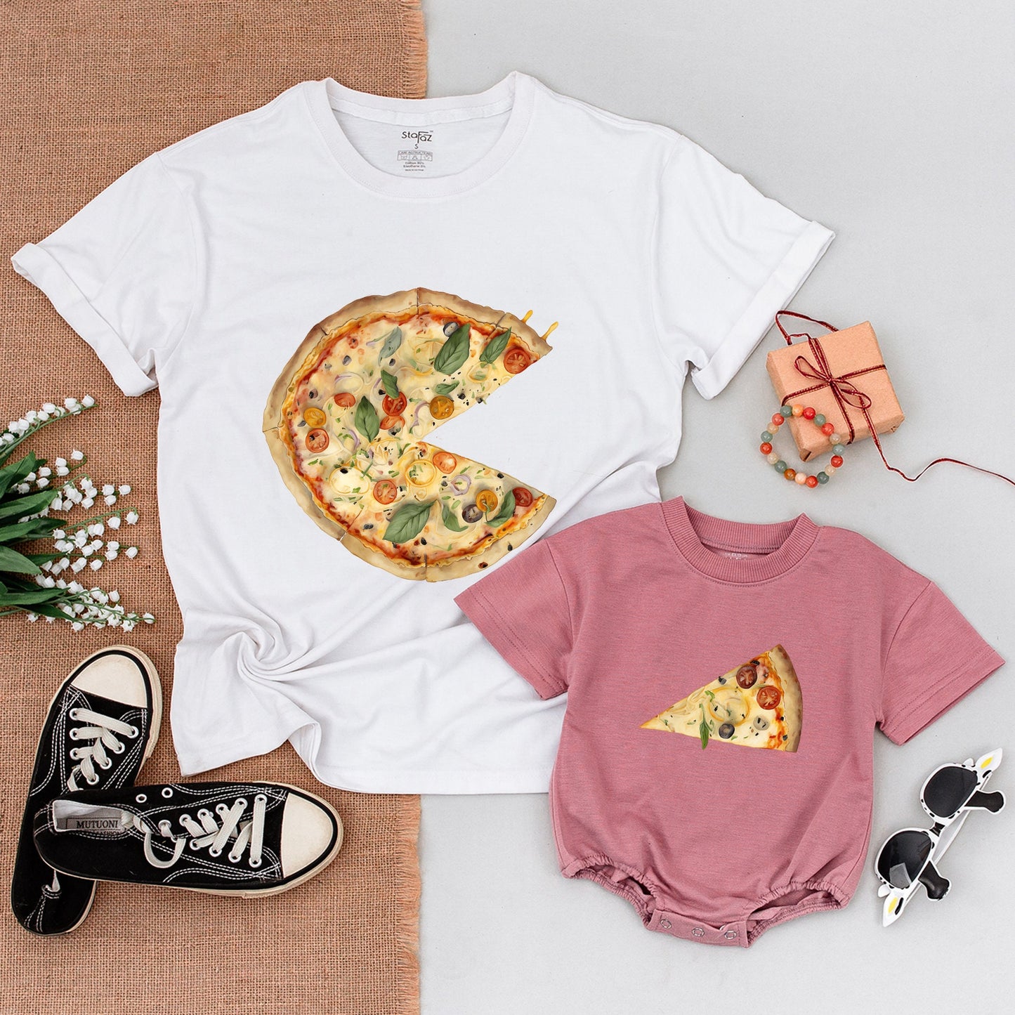 Matching Pizza Family Shirts: Baby, Dad, and Toddler Outfits