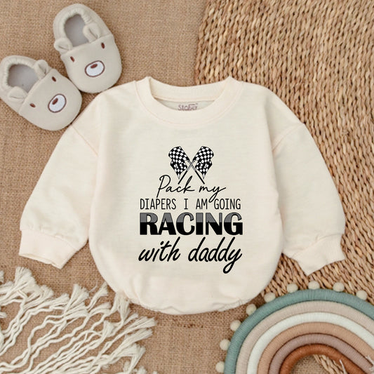Pack My Diapers Racing With Daddy Bodysuit,Cute Baby Boy Clothes Set,First Father's Day Outfit,Playful Newborn Romper,Checkered Flags,Gift 137