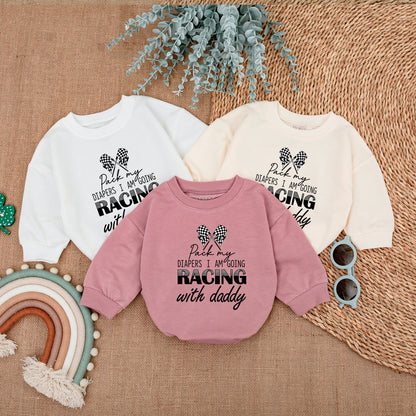 Pack My Diapers Racing With Daddy Bodysuit,Cute Baby Boy Clothes Set,First Father's Day Outfit,Playful Newborn Romper,Checkered Flags,Gift 137