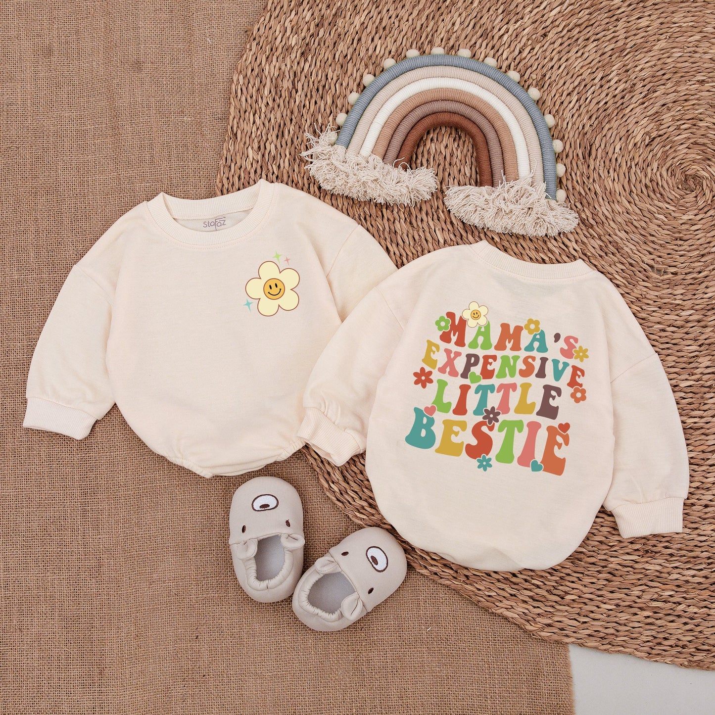 Mama's Expensive Little Bestie Retro Baby Bodysuit Cute Smiley Flower Design Pink Teal Yellow Brown Infant Romper Soft Comfortable Outfit