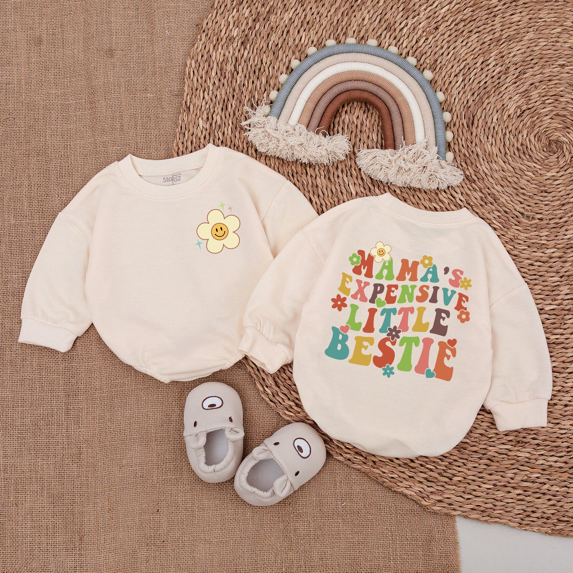 Mama's Expensive Little Bestie Retro Baby Bodysuit Cute Smiley Flower Design Pink Teal Yellow Brown Infant Romper Soft Comfortable Outfit