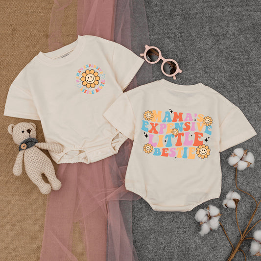Mama's Expensive Little Bestie Bodysuit Retro Pastel Flowers 70s Inspired Cute Infant Romper Perfect Mom Baby Gift