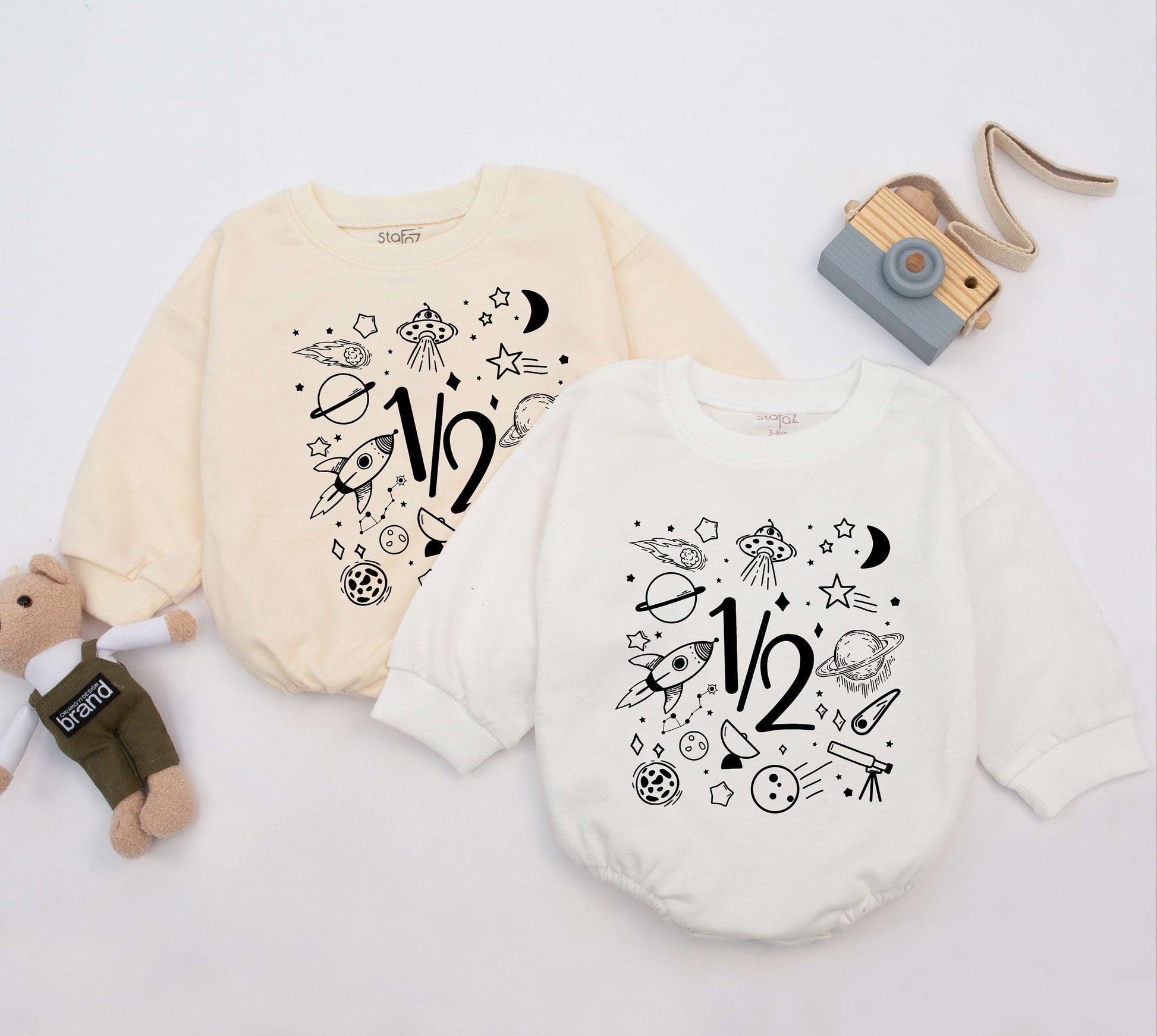 Whimsical Space Half Birthday Boy Romper with 1/2 Text for 6 Months Celebration Planets Stars Rocket Moon UFO Black Ink Newborn Baby Outfit Gift
