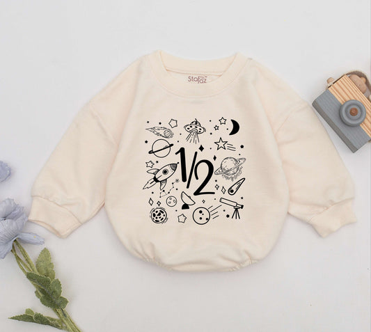 Whimsical Space Half Birthday Boy Romper with 1/2 Text for 6 Months Celebration Planets Stars Rocket Moon UFO Black Ink Newborn Baby Outfit Gift