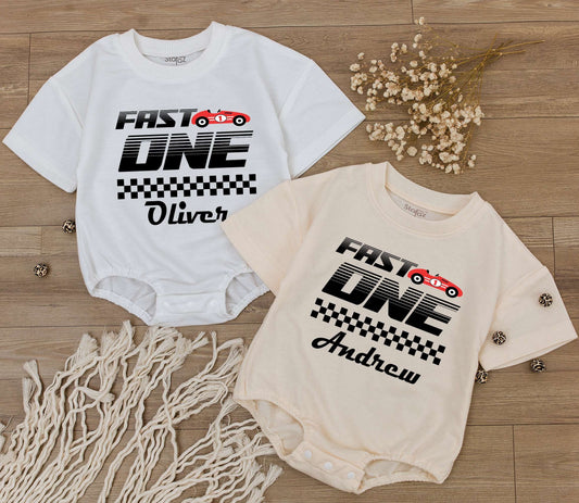 Fast One Race Car Romper: 1st Birthday Outfit & Family Tees  