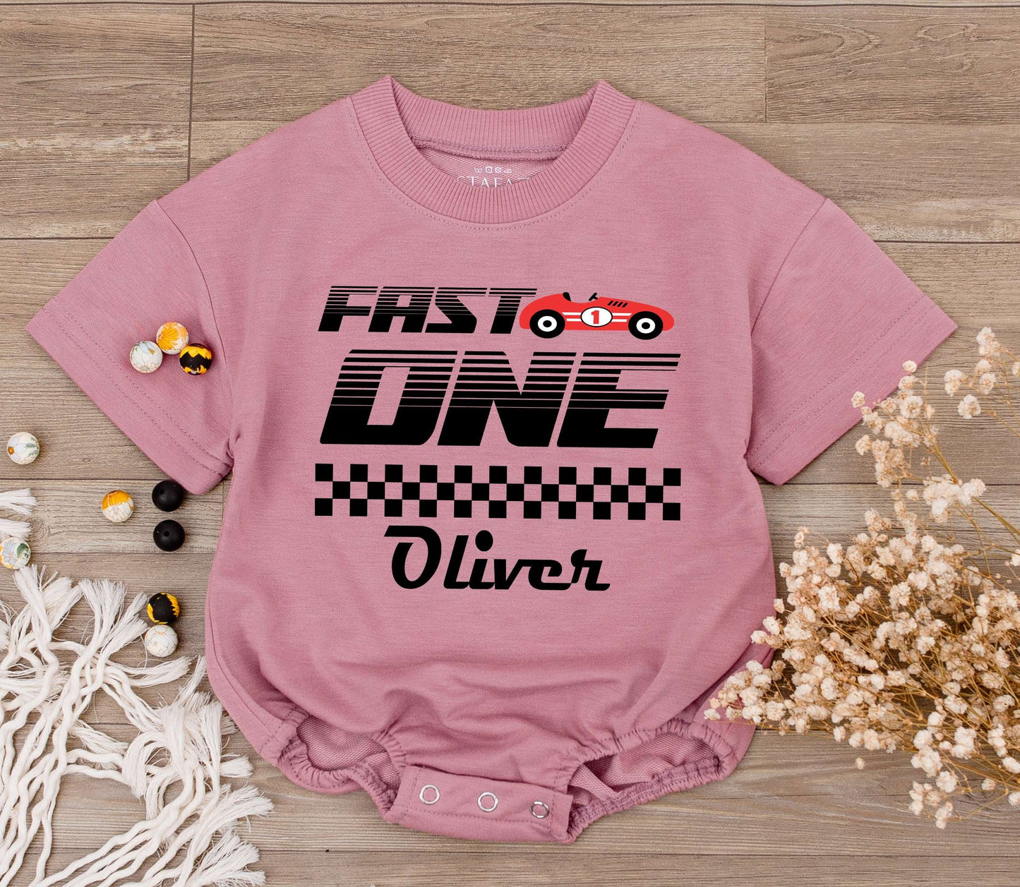 Fast One Race Car Romper: 1st Birthday Outfit & Family Tees  