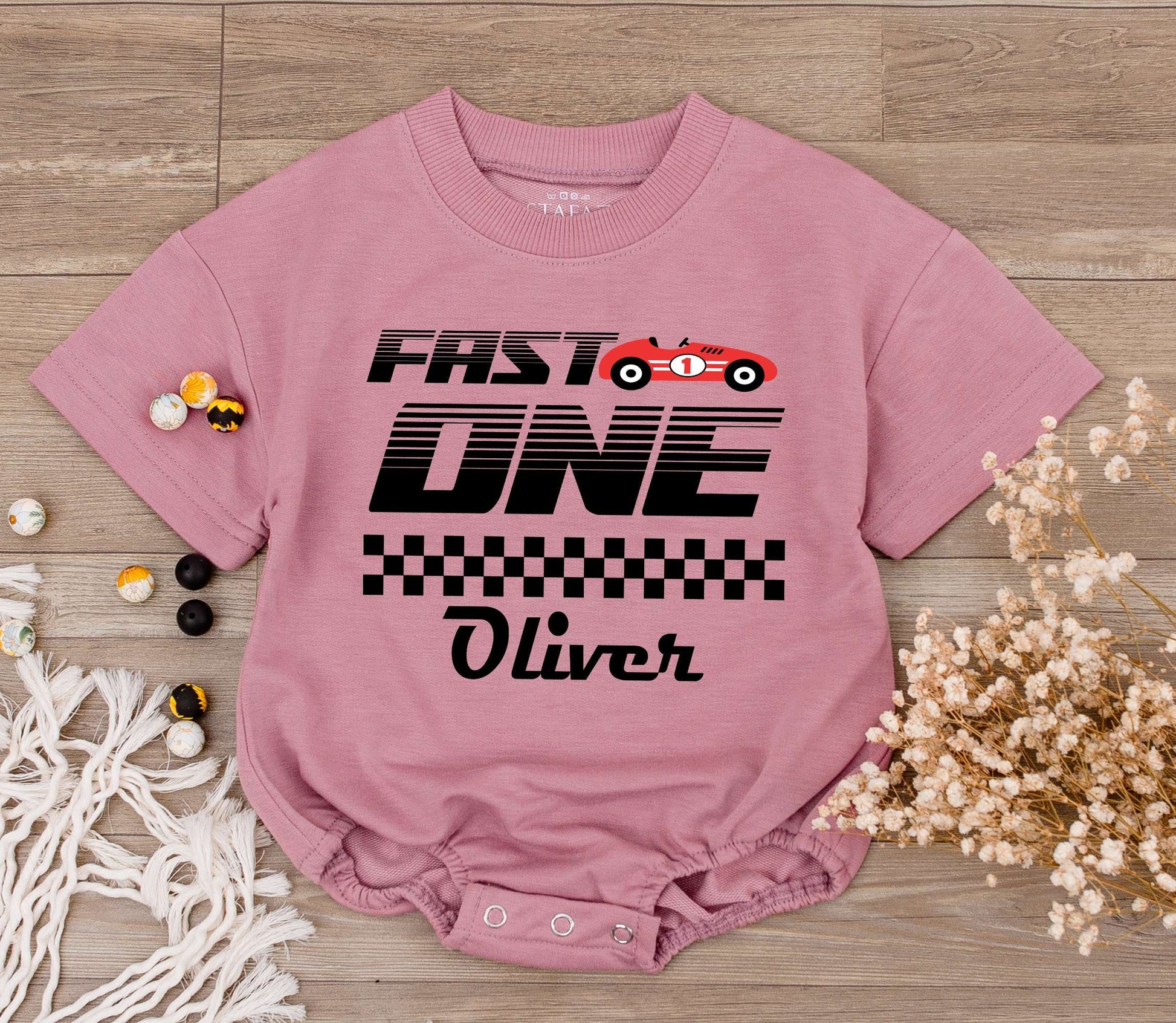 Fast One Race Car Romper: 1st Birthday Outfit & Family Tees  