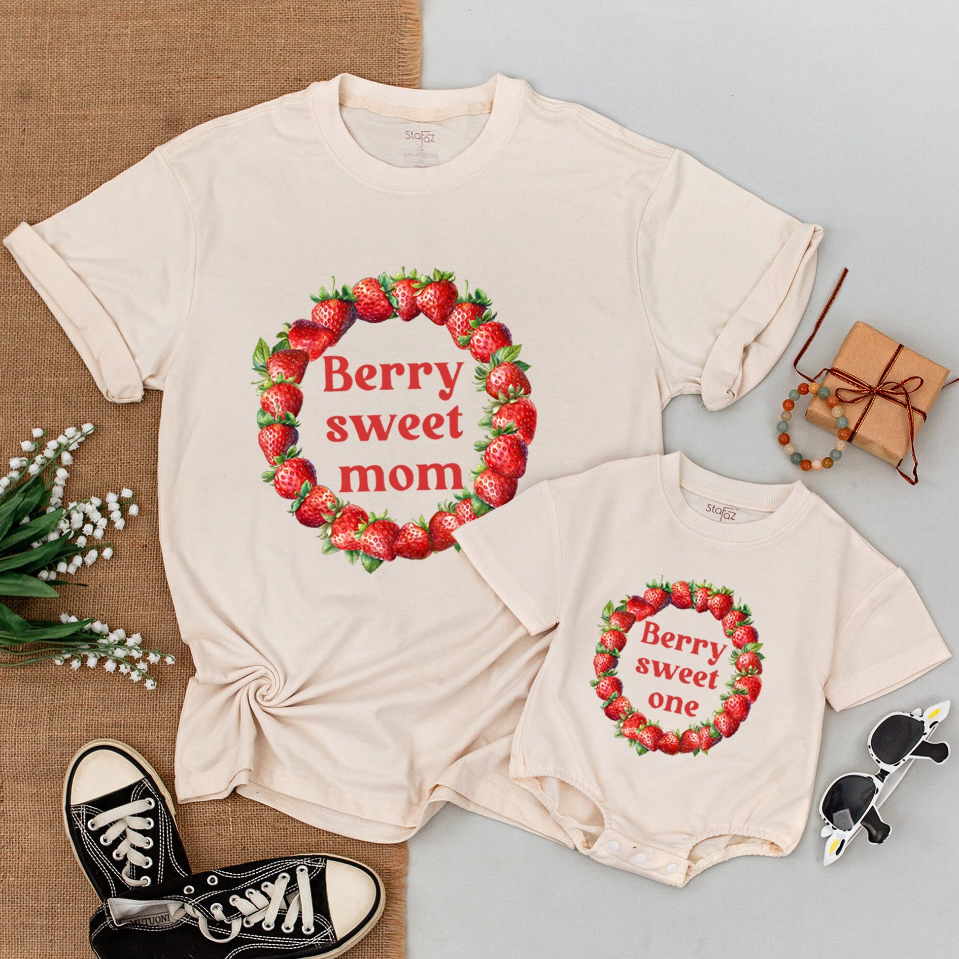 Berry Sweet One Family Matching 1st Birthday Shirts Custom Strawberry Wreath Baby Girl Bodysuit Mommy and Me Outfits