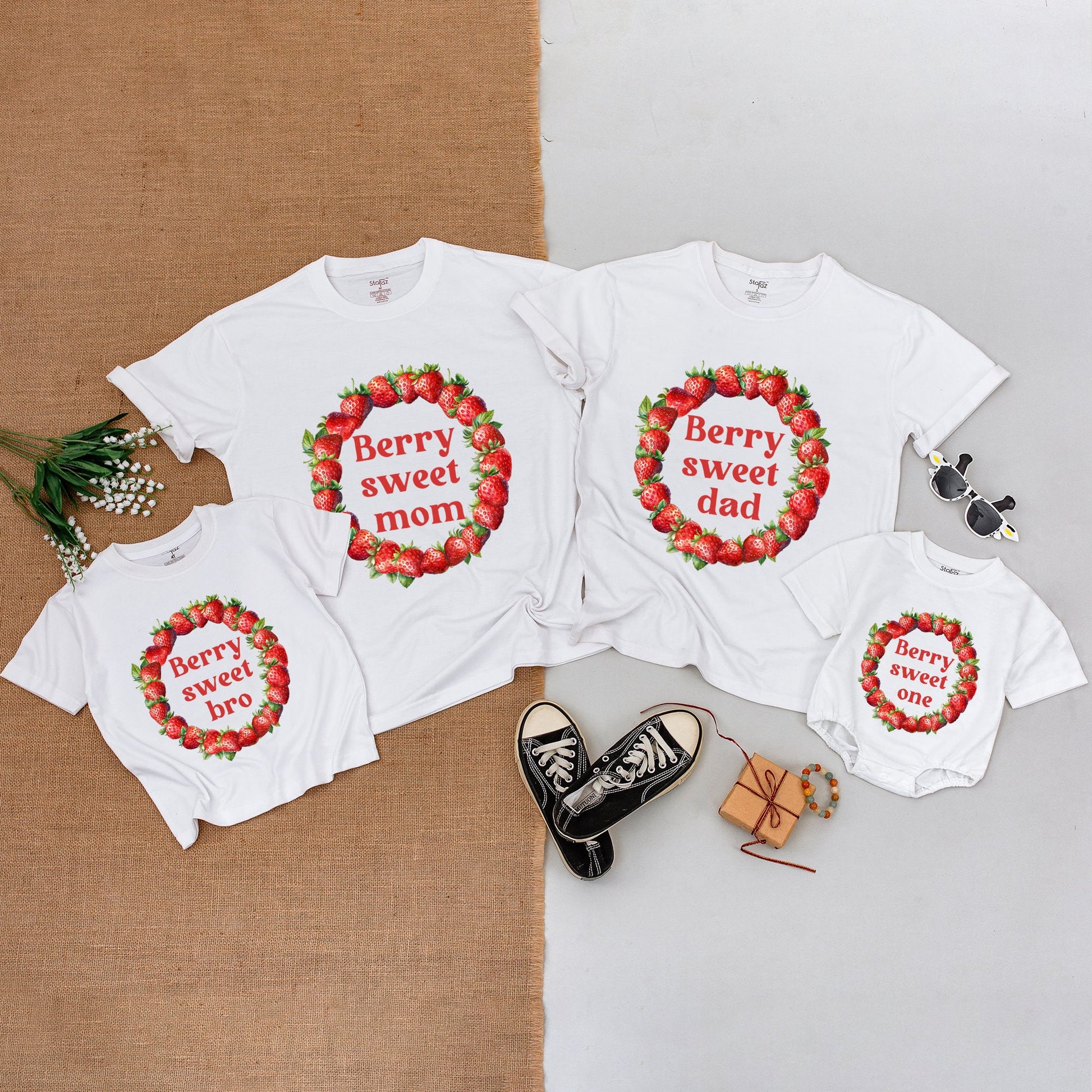 Berry Sweet One Family Matching 1st Birthday Shirts Custom Strawberry Wreath Baby Girl Bodysuit Mommy and Me Outfits