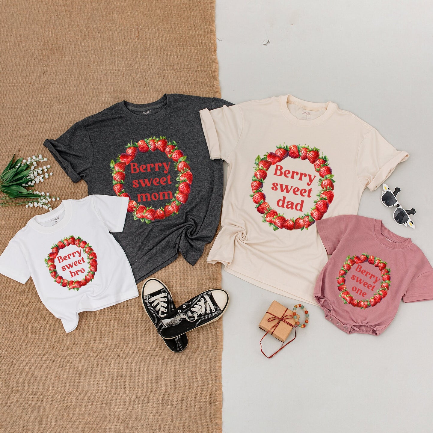 Berry Sweet One Family Matching 1st Birthday Shirts Custom Strawberry Wreath Baby Girl Bodysuit Mommy and Me Outfits