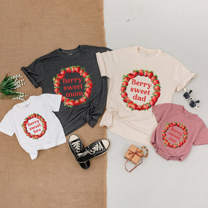 Berry Sweet One Family Matching 1st Birthday Shirts Custom Strawberry Wreath Baby Girl Bodysuit Mommy and Me Outfits