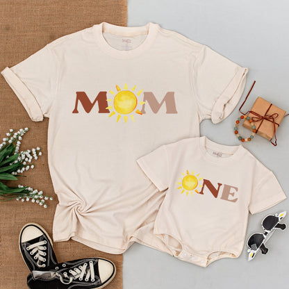 First Trip Around the Sun Birthday Matching Family Shirts & Bodysuit with Cheerful Yellow Sun DAD MOM BRO ONE Block Letters Design Soft Cotton