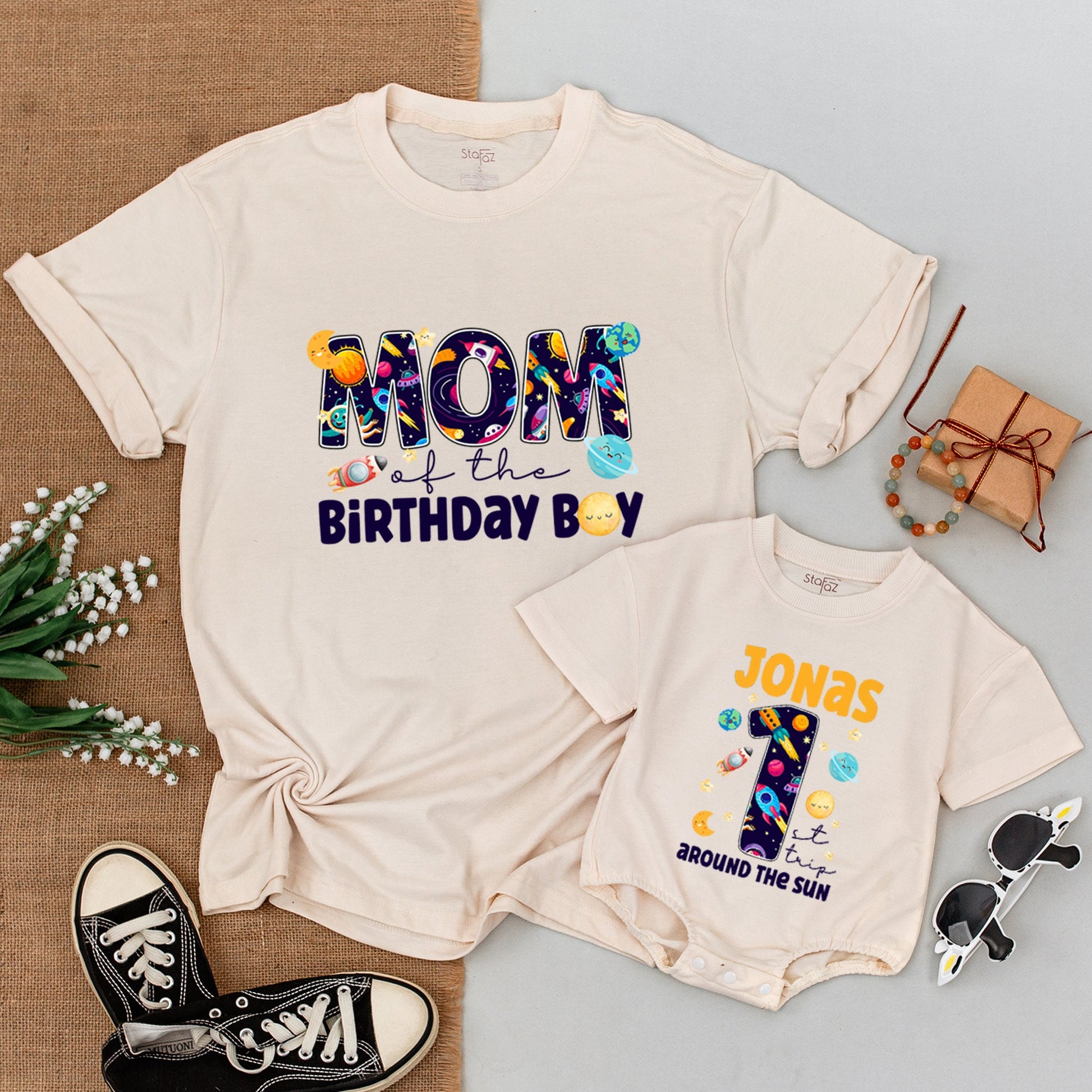 Personalized Space Birthday Matching Family Shirts & Bodysuit for 1st Trip Around The Sun, Whimsical Planets, Rockets, Stars for Mom Dad Bro Birthday Boy Jonas #1