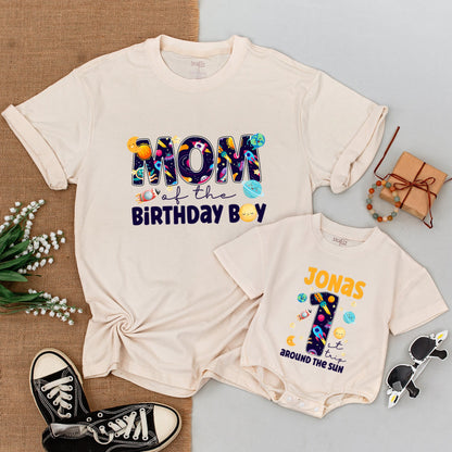 Personalized Space Birthday Matching Family Shirts & Bodysuit for 1st Trip Around The Sun, Whimsical Planets, Rockets, Stars for Mom Dad Bro Birthday Boy Jonas #1