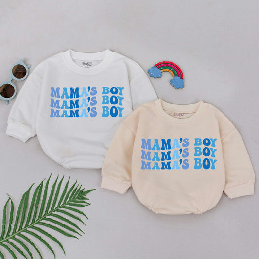 Mama's Boy Retro Bubble Font Blue Baby Boy Romper Bodysuit Cheerful Stacked Design Soft Newborn Infant Outfit Mother's Day Gift